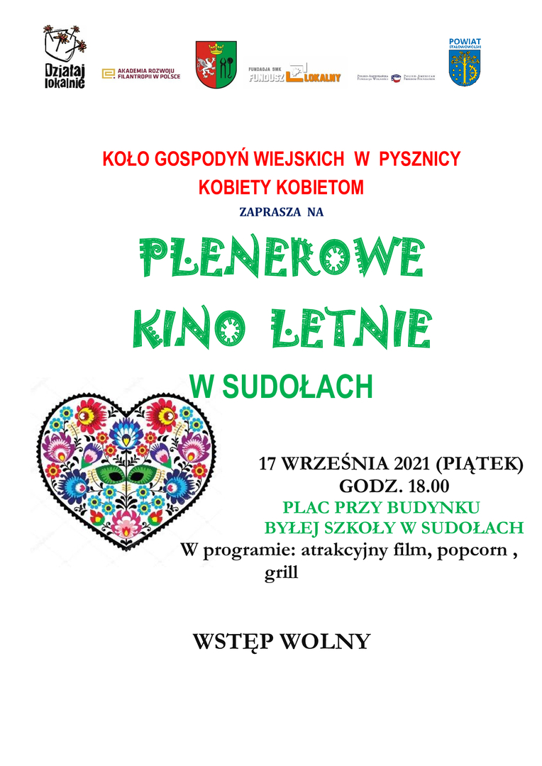 Plakat plenerowego kina letniego organizowanego przez KGW Kobiety Kobietom w Sudołach