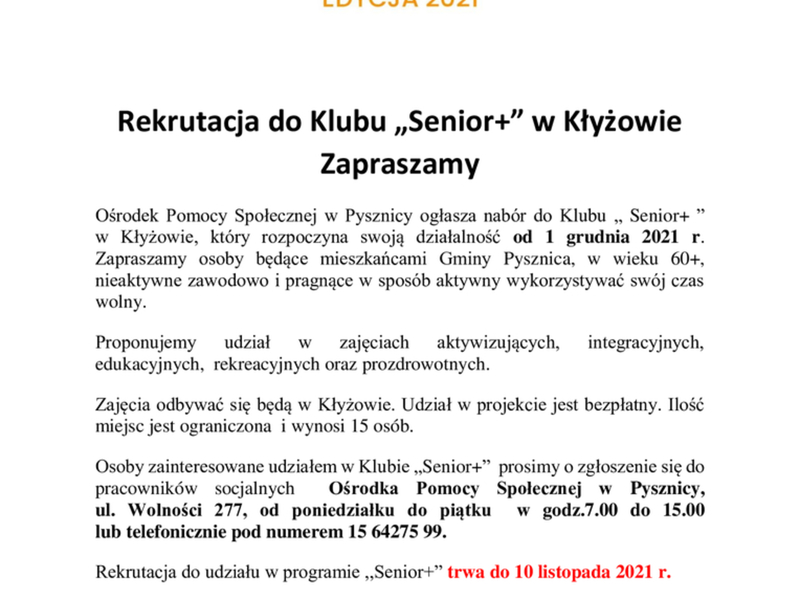 Ogłoszenie o Klubie Senior+