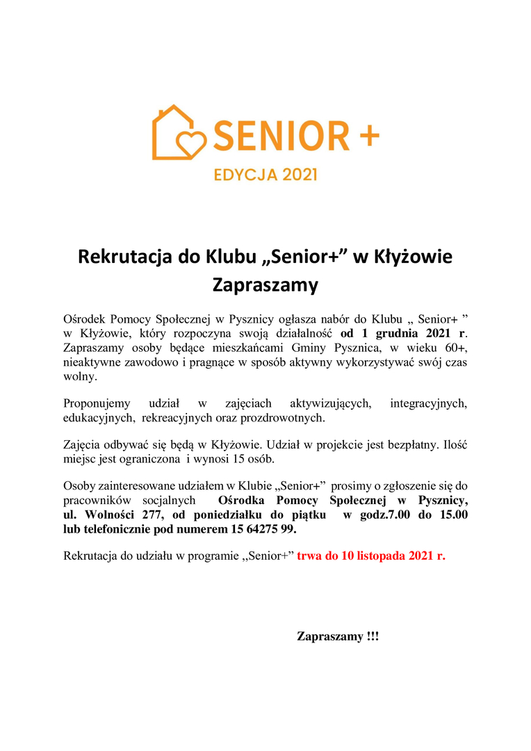 Ogłoszenie o Klubie Senior+