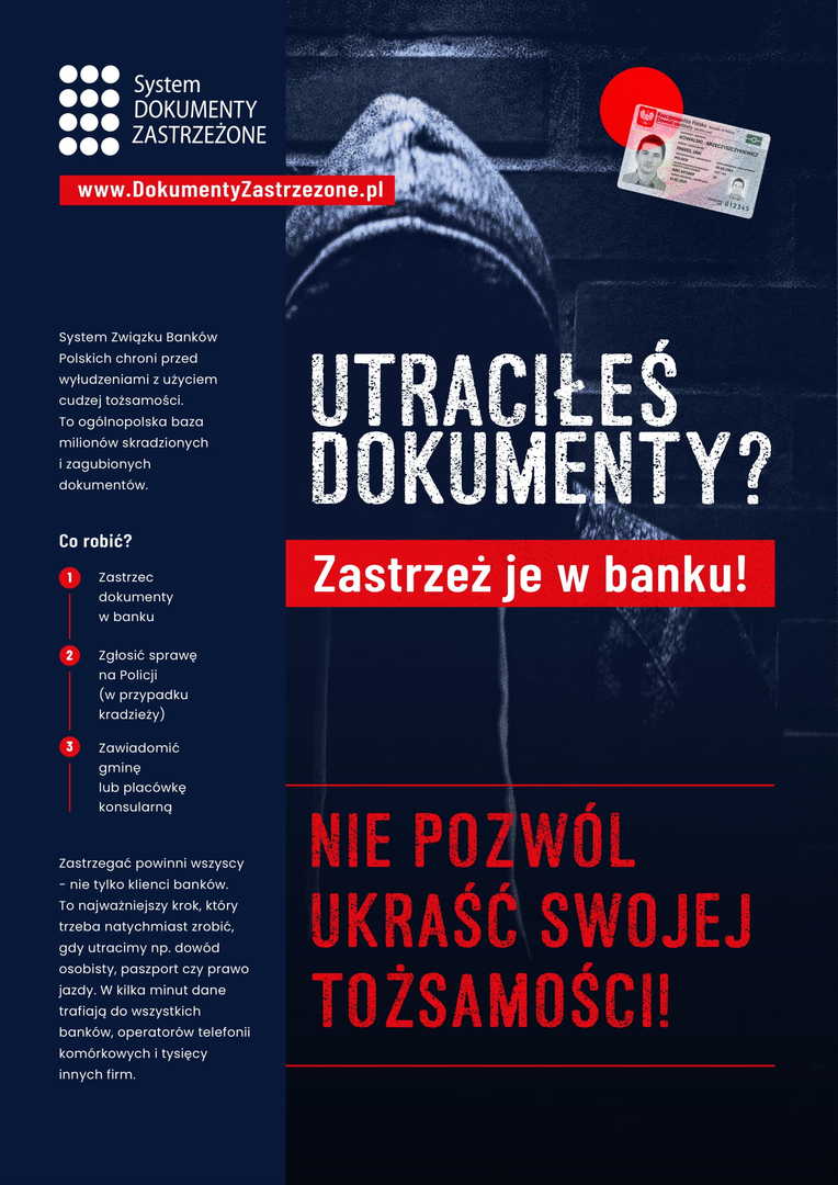 Plakat informujący co należy zrobić w przypadku utraty dokumentów