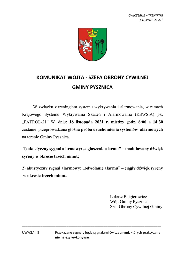 Komunikat Wójta Gminy Pysznica
