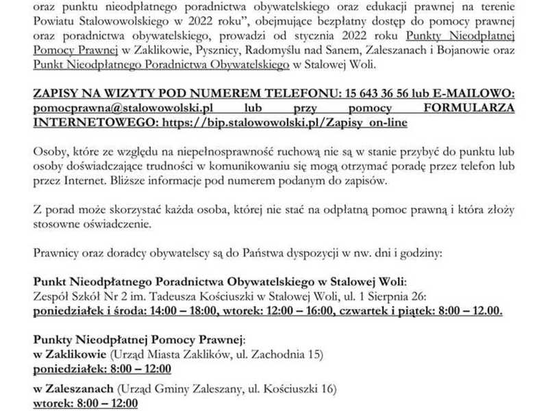 Ogłoszenie o nieodpłatnej pomocy prawnej.