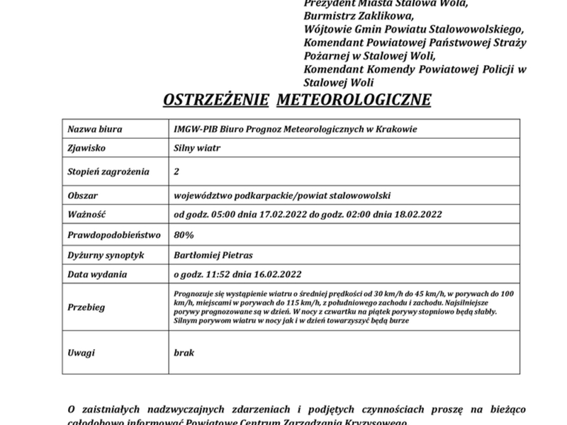 Ostrzeżenie meteorologiczne z dnia 16.02.2022 r.