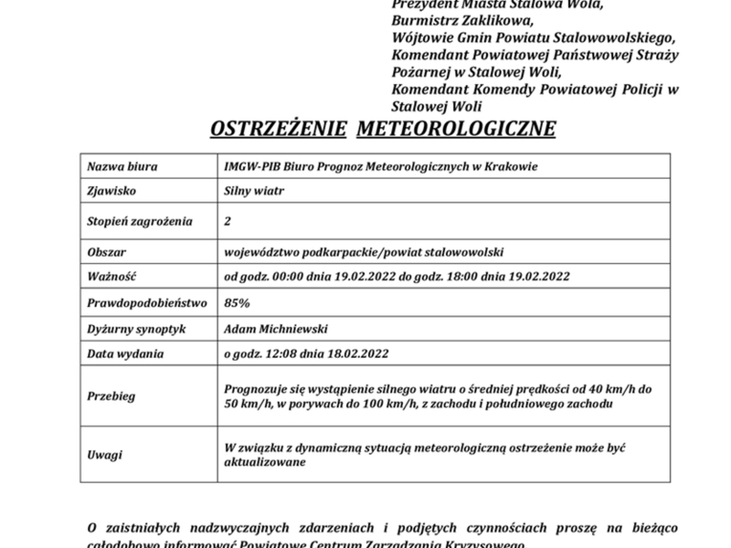 Ostrzeżenie meteorologiczne z dnia 18.02.2022 r.