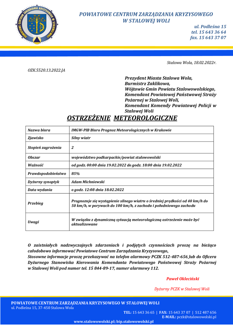 Ostrzeżenie meteorologiczne z dnia 18.02.2022 r.
