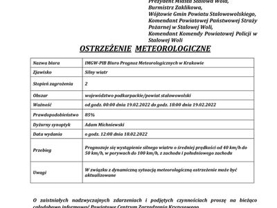 Ostrzeżenie meteorologiczne z dnia 18.02.2022 r.
