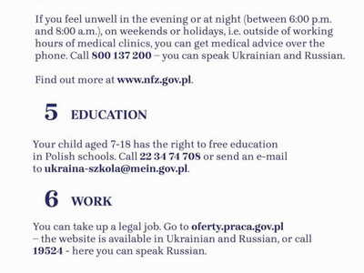 Ulotki informacyjne dla uchodźców wojennych z Ukrainy.