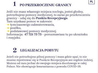 Ulotki informacyjne dla uchodźców wojennych z Ukrainy.