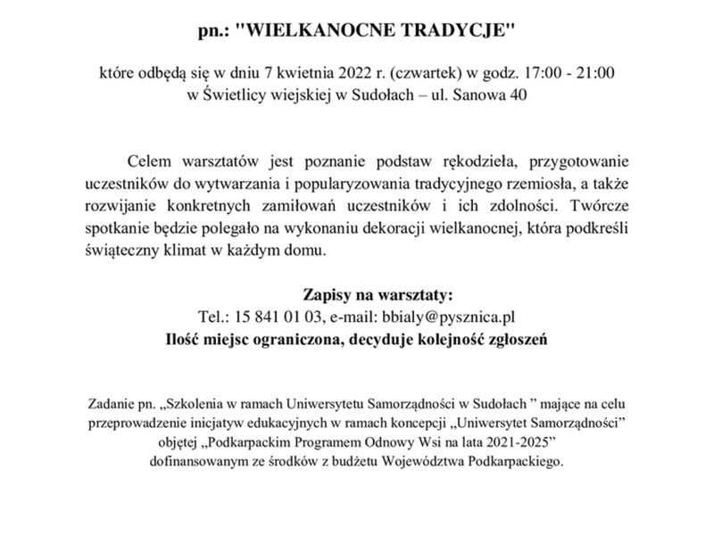 Zaproszenie na warsztaty pn. "WIELKANOCNE TRADYCJE"