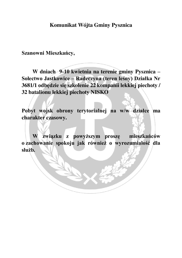Komunikat Wójta Gminy Pysznica