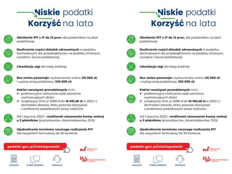 Ulotki informacyjne w przedmiocie zmian wprowadzonych ustawą z dnia 9 czerwca 2022r. o zmianie ustawy o podatku dochodowym od osób fizycznych oraz niektórych innych ustaw – Niskie Podatki.