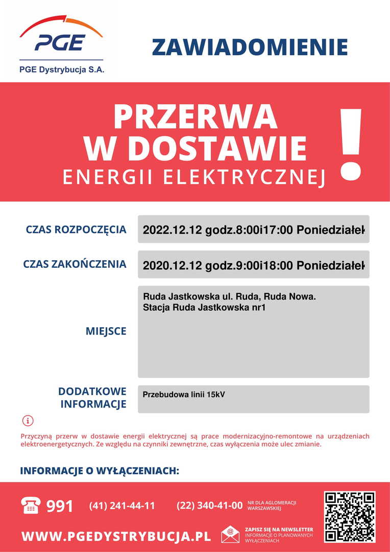 Zawiadomienie o przerwie w dostawie energii elektrycznej