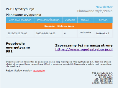 planowane wyłączenia prądu na obszarze sołectwa Jastkowice w dniu 26 maja 2023 roku