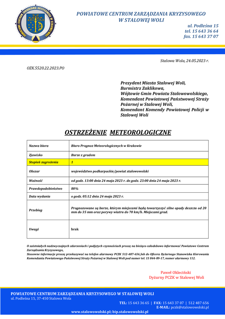 informacja o Prognozowanych burzach i silnych opadach deszczu.