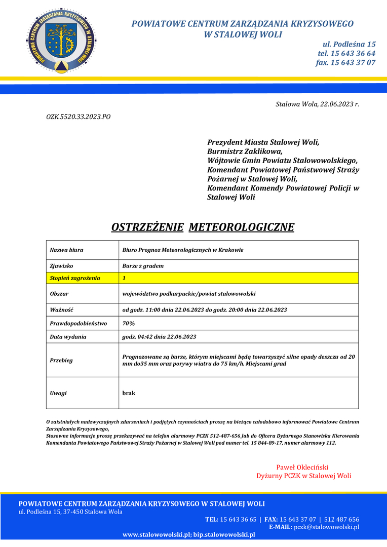 Prognozowane są burze, którym miejscami będą towarzyszyć silne opady deszczu od 20 mm do35 mm oraz porywy wiatru do 75 km/h. Miejscami grad