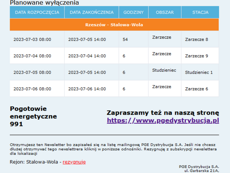 PLANOWANE WYŁĄCZENIA ENERGI ELEKTRYCZNEJ NA TERENIE GMINY PYSZNICA
- Studzieniec, 4 lipca, godziny 8:00 - 14:00