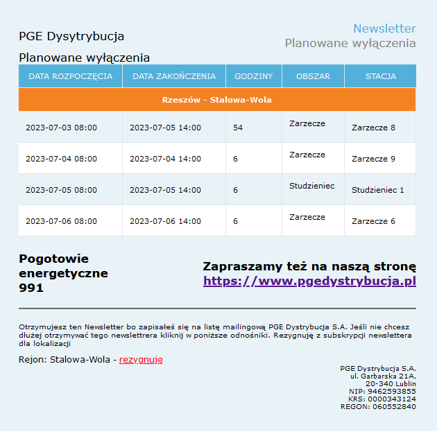 PLANOWANE WYŁĄCZENIA ENERGI ELEKTRYCZNEJ NA TERENIE GMINY PYSZNICA
- Studzieniec, 4 lipca, godziny 8:00 - 14:00