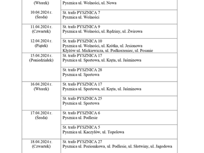 Aktualny harmonogram prac przy montażu lamp na  terenie gminy Pysznica.