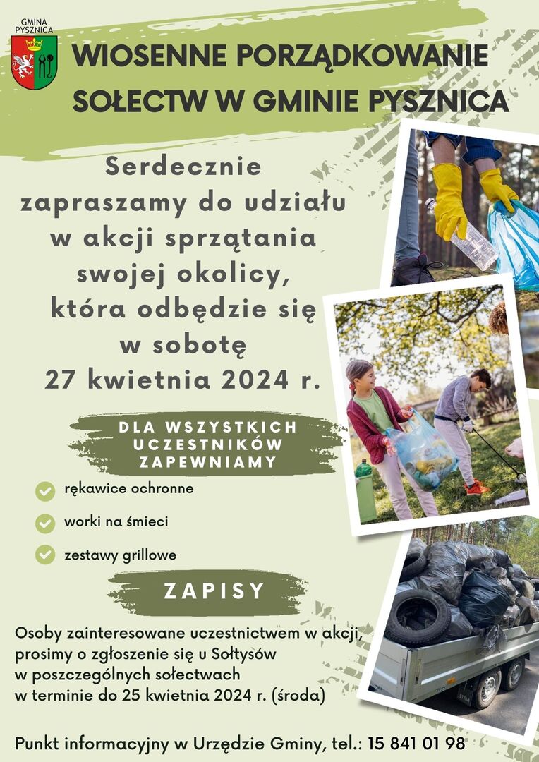 plakat informujący o akcji wiosennego sprzątania  sołectw na terenie gminy Pysznica