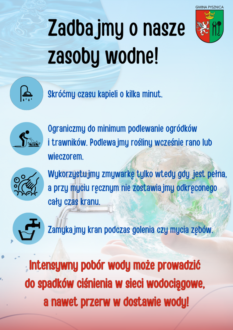 Plakat z apelem o racjonalne gospodarowanie zasobami wody w Gminie Pysznica
