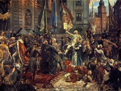 Grafika przedstawia  reprodukcję obrazu Konstytucja 3 maja Jana Matejki