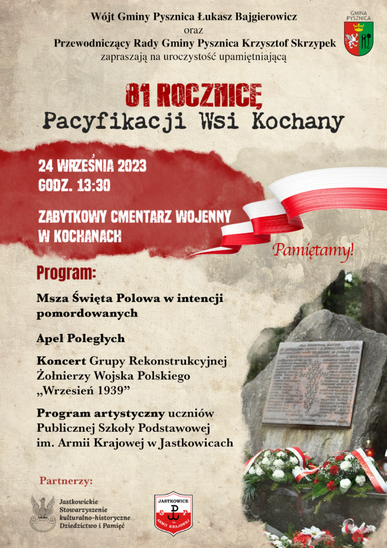 Plakat o wydarzeniu Obchody upamiętniające 81 rocznicę Pacyfikacji Wsi Kochany