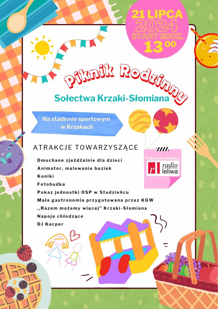 Plakat informacyjny o pikniku rodzinnym w sołectwie Krzaki- Słomiana