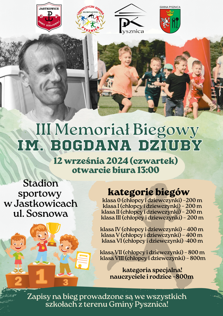 Plakat informujący o wydarzeniu III Memoriał biegowy im. Bogdana Dziuby w Jastkowicach