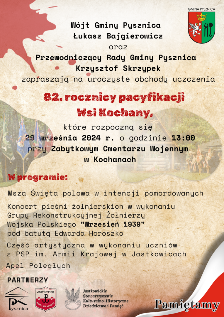 Plakat informujący o wydarzeniu 82. rocznica pacyfikacji wsi Kochany