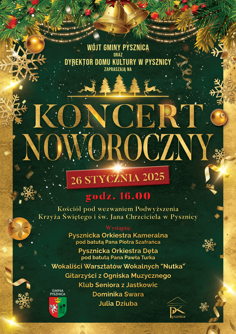 Plakat informujący o wydarzeniu-koncercie noworocznym w kościele w Pysznicy 