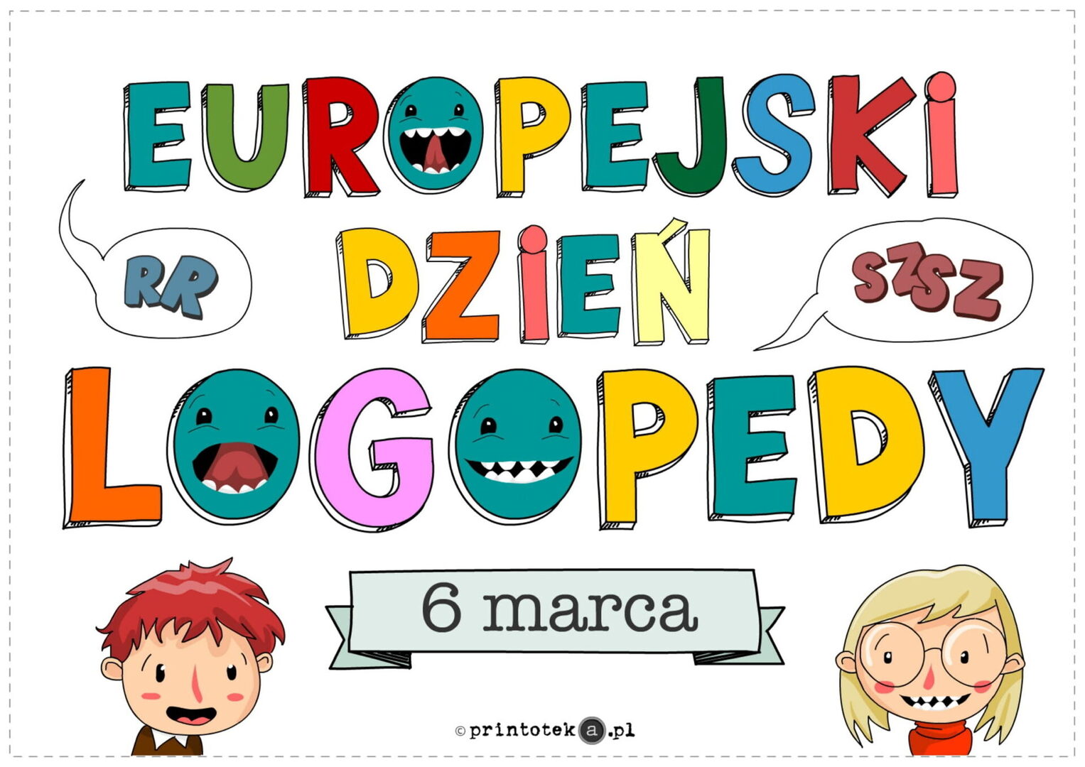 Grafika na europejski dzień logopedy na grafice kolorowe napisy i dzieci 