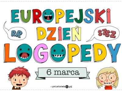 Grafika na europejski dzień logopedy na grafice kolorowe napisy i dzieci