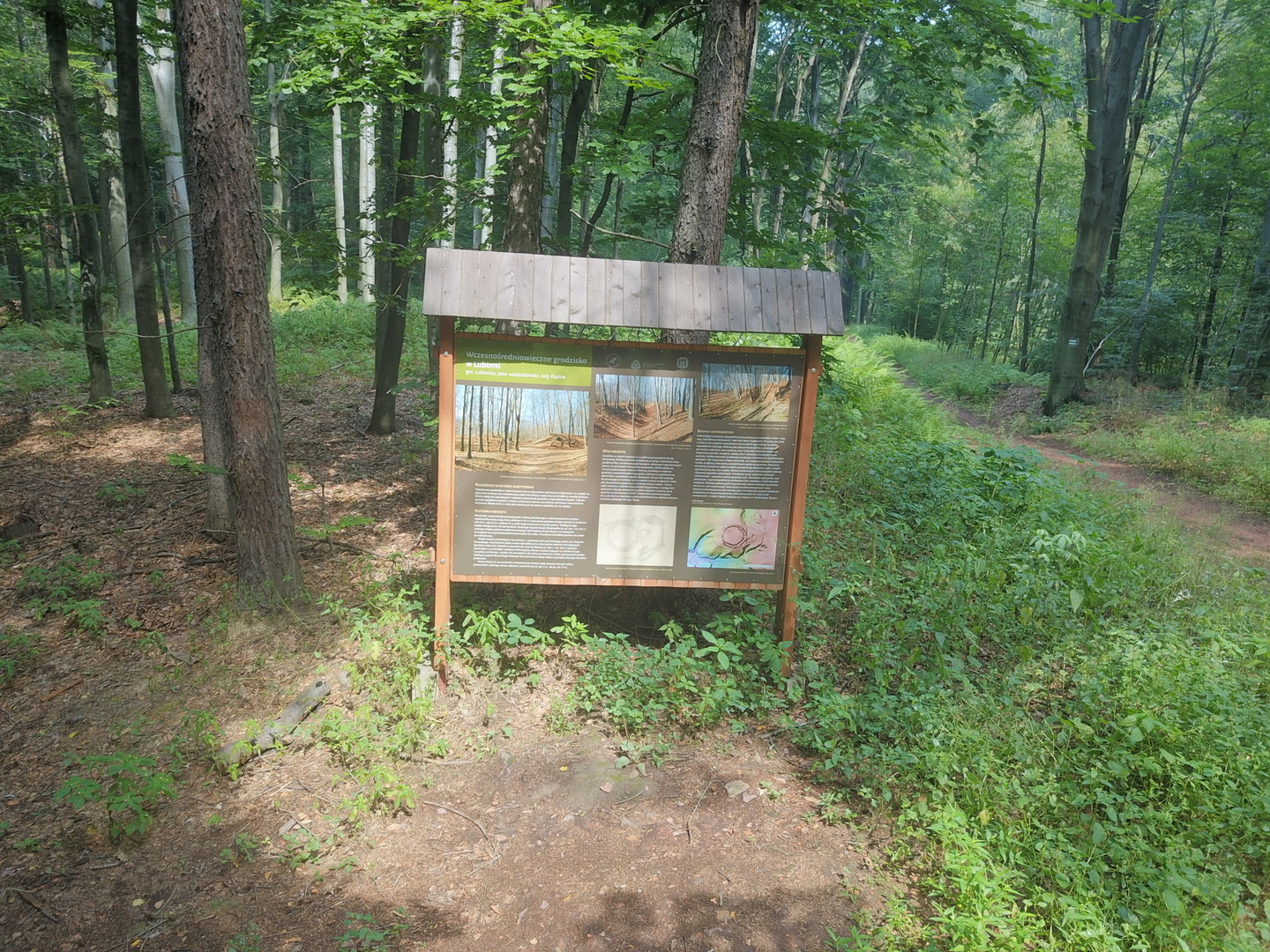 Zdjęcie przedstawia makietę informacyjną na temat wczesnośredniowiecznego grodziska w Lubomi