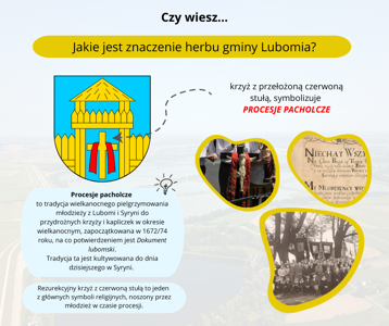 Zdjęcie przedstawia opis znaczenia krzyża z czerwoną stułą w herbie Gminy Lubomia