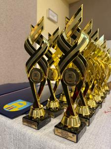 Zdjęcie przedstawia puchary dla uczestników Gali