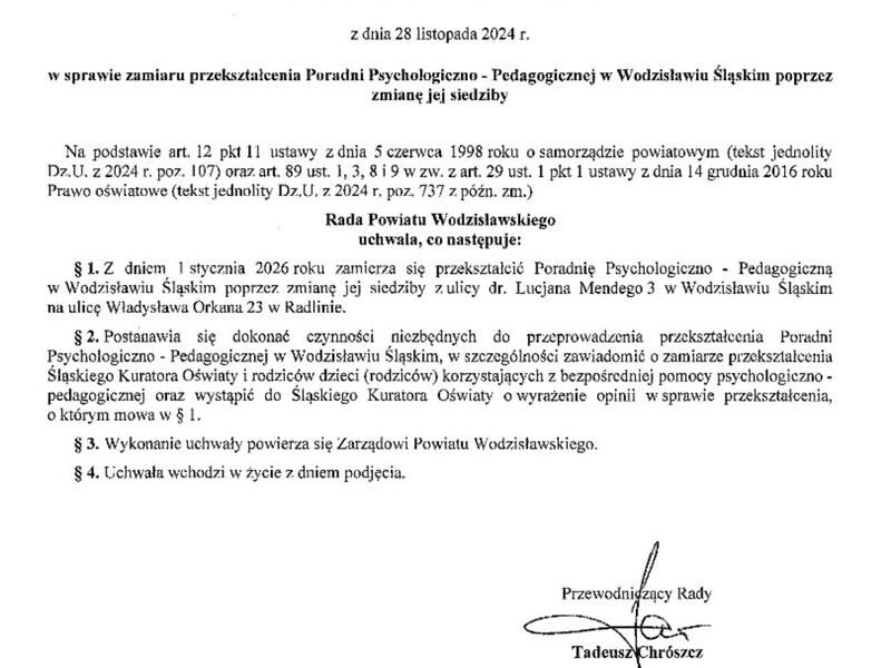 Zdjęcie przedstawia uchwałę Rady Powiatu Wodzisławskiego dotyczącą zmiany siedziby Poradni Psychologiczno-Pedagogicznej w Wodzisławiu Śląskim