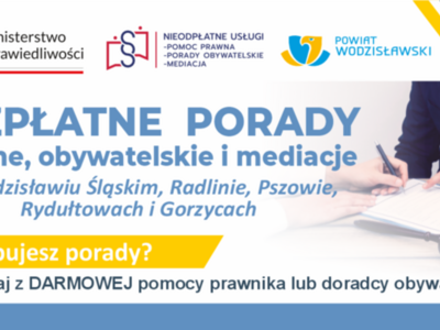Zdjęcie przedstawia informację na temat bezpłatnych porad prawnych