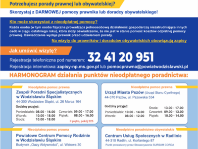 Zdjęcie przedstawia informację na temat bezpłatnych porad prawnych