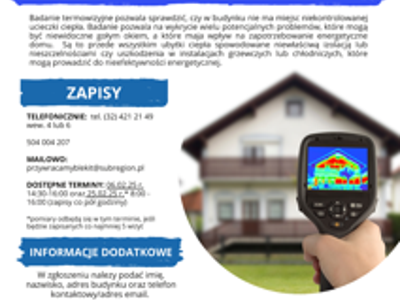 Zdjęcie zawiera informację i bezpłatnych pomiarach kamerą termowizyjną, na które można się zapisać telefonicznie pod numerem telefonu 504 000 207