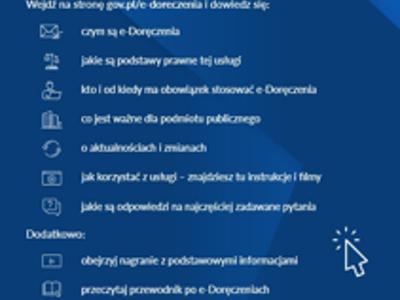 Zdjęcie przedstawia informację o e-doręczeniach, takei jak gdzie znaleźć wiadomości i informacje o e-doręczeniach. Więcej informacji na www.gov.pl/e-doreczenia