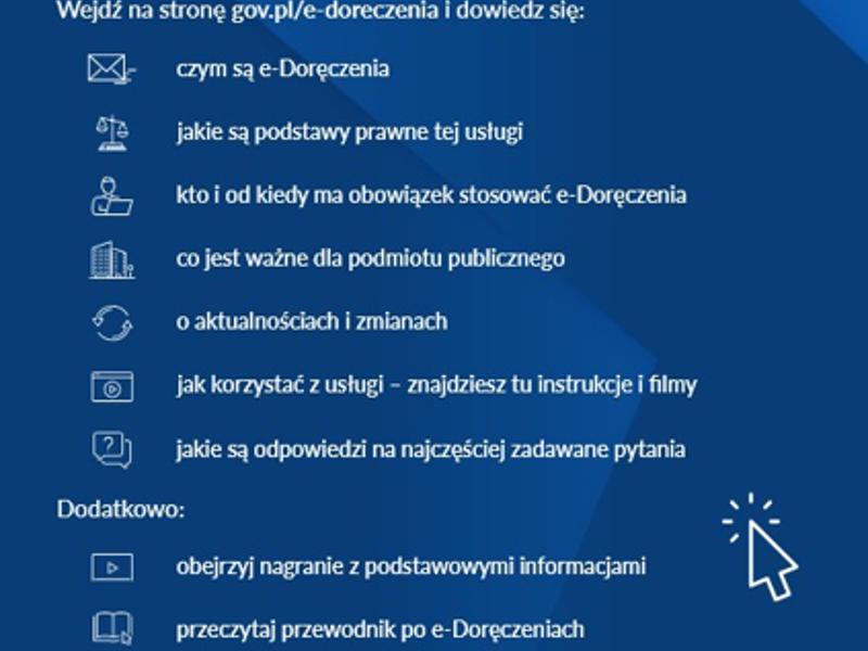 Zdjęcie przedstawia informację o e-doręczeniach, takei jak gdzie znaleźć wiadomości i informacje o e-doręczeniach. Więcej informacji na www.gov.pl/e-doreczenia
