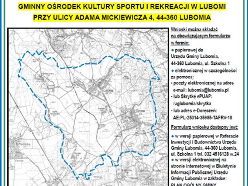 Plakat przedstawia informacje o spotkaniu informacyjnym dotyczącym planu ogólnego Gminy Lubomia, które odbędzie się 26 marca 2025 roku o godzinie 16:00 w GOKU w Lubomi
