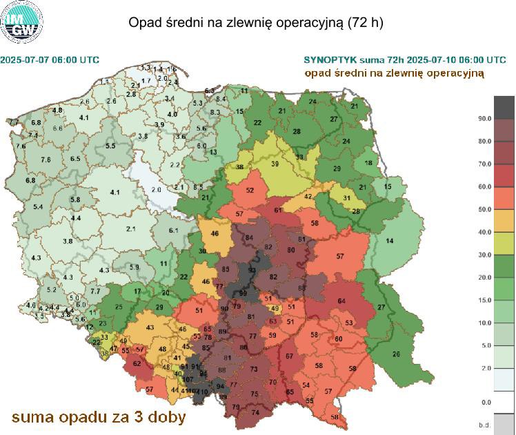 suma opadu deszczu za 3 doby