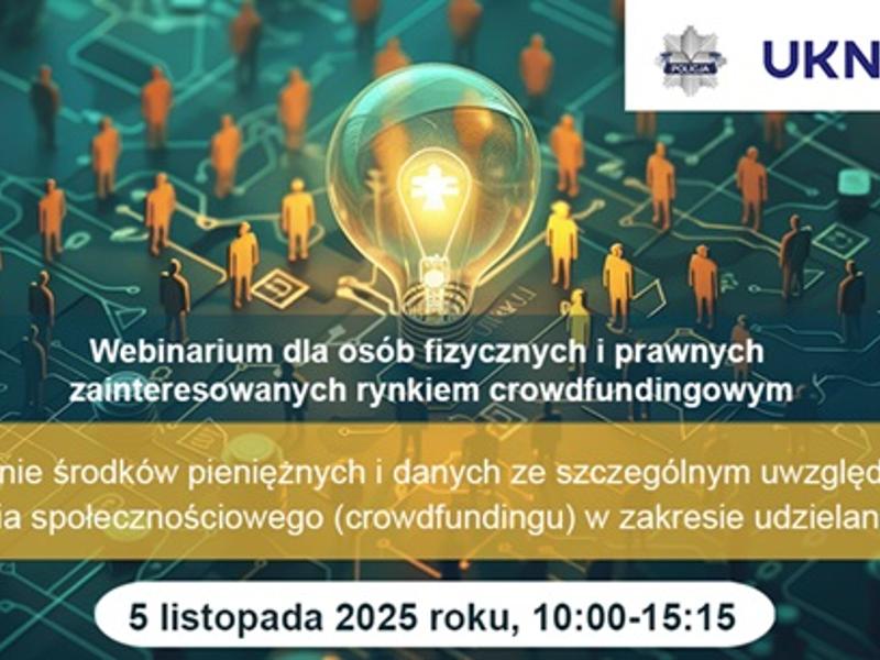 Zdjęcie przedstawia informację na temat "Bezpłatne webinarium dla osób fizycznych i prawnych zainteresowanych rynkiem crowdfundingowym", które odbędzie się 5 listopada 2025 roku (10:00-15:15).
