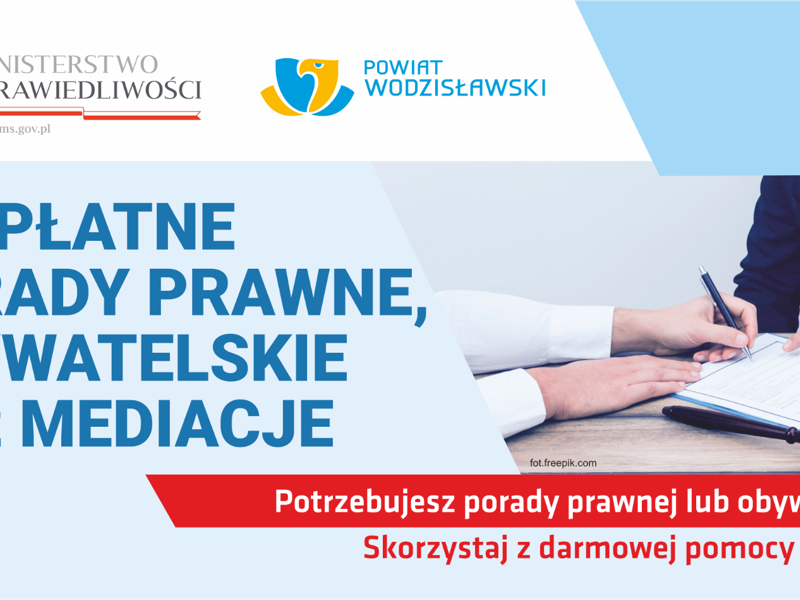 Zdjęcie przedstawia informacje o bezpłatnych poradach prawnych, obywatelskich oraz mediacje.