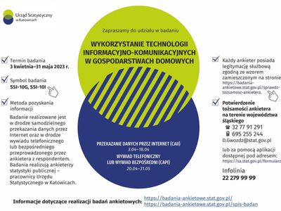 Zdjęcie przedstawia informację o badaniach ankietowych na temat wykorzystywania technologii informacyjno-komunikacyjnych w gospodarstwach domowych (SSI-10) – Celem badania jest dostarczenie informacji na temat korzystania z internatu przez gospodarstwa domowe, termin 03.04 – 31.05.2023. Na stronie internetowej cs.stat.gov.pl/SSI-10/ została przygotowana aplikacja, do której można się zalogować podając login i hasło (przesłane w liście) i samodzielnie wypełnić ankietę. Ankieta składa się