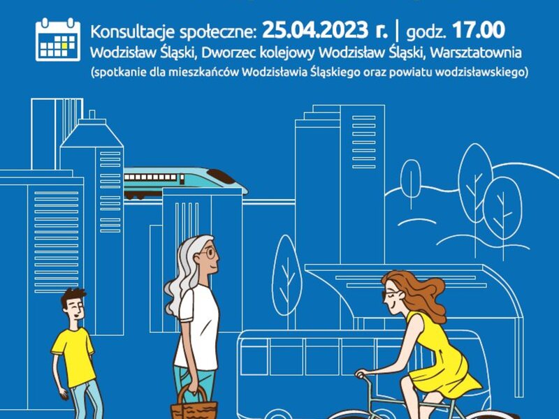 Plakat przedstawia informację o  udziale w spotkaniu warsztatowym, które odbędzie się w dniu 25 kwietnia 2023 r. godz. 17:00 na Dworcu Kolejowym w Wodzisławiu Śląskim, Warsztatownia. Na spotkaniu przedstawiona zostanie idea zrównoważonej mobilności, dokumentu Planu mobilności, a przede wszystkim korzyści jakie z niego wynikają.