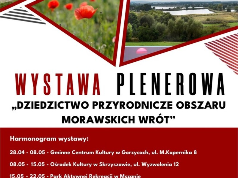 Zdjęcie przedstawia informacje o wystawie plenerowej „Dziedzictwo przyrodnicze obszaru Morawskich Wrót" przygotowanej w ramach realizacji międzynarodowego projektu współpracy pn. „Ochrona środowiska – naszą przyszłością” realizowanego w ramach poddziałania 19.3 „Przygotowanie i realizacja działań w zakresie współpracy z lokalną grupą działania” w ramach działania „Wsparcie dla rozwoju lokalnego w ramach inicjatywy LEADER”.
