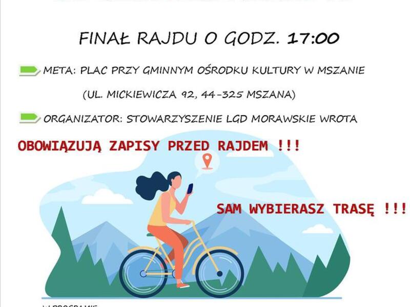 Plakat przedstawia rajd rowerowy "Zielonymi ścieżkami Morawskich Wrót", który odbędzie się 18 czerwca 2023 roku. Więcej informacji na stronie LGD Morawskie Wrota.