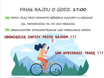 Plakat przedstawia rajd rowerowy "Zielonymi ścieżkami Morawskich Wrót", który odbędzie się 18 czerwca 2023 roku. Więcej informacji na stronie LGD Morawskie Wrota.